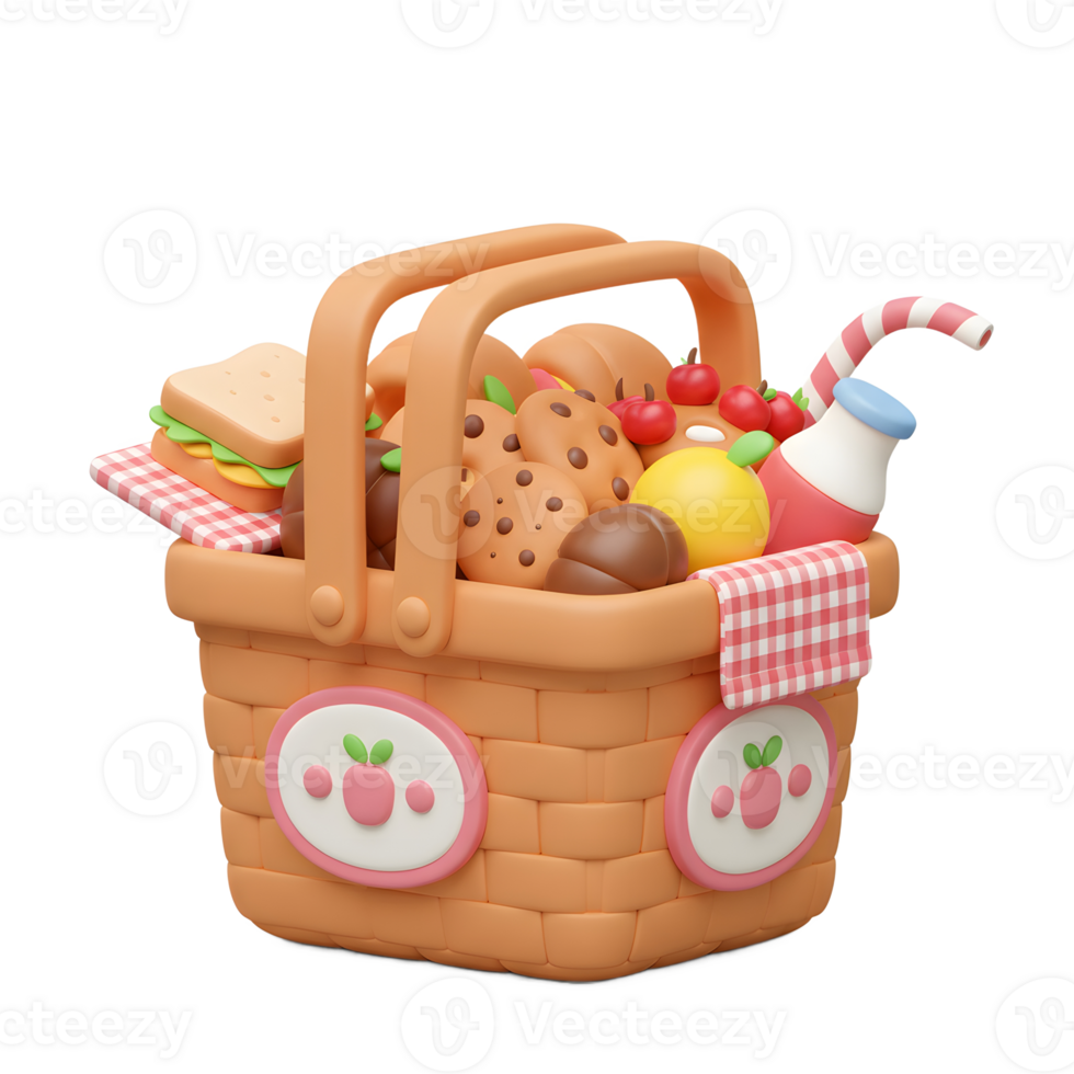 Picnic basket filled with food and drink on white background png