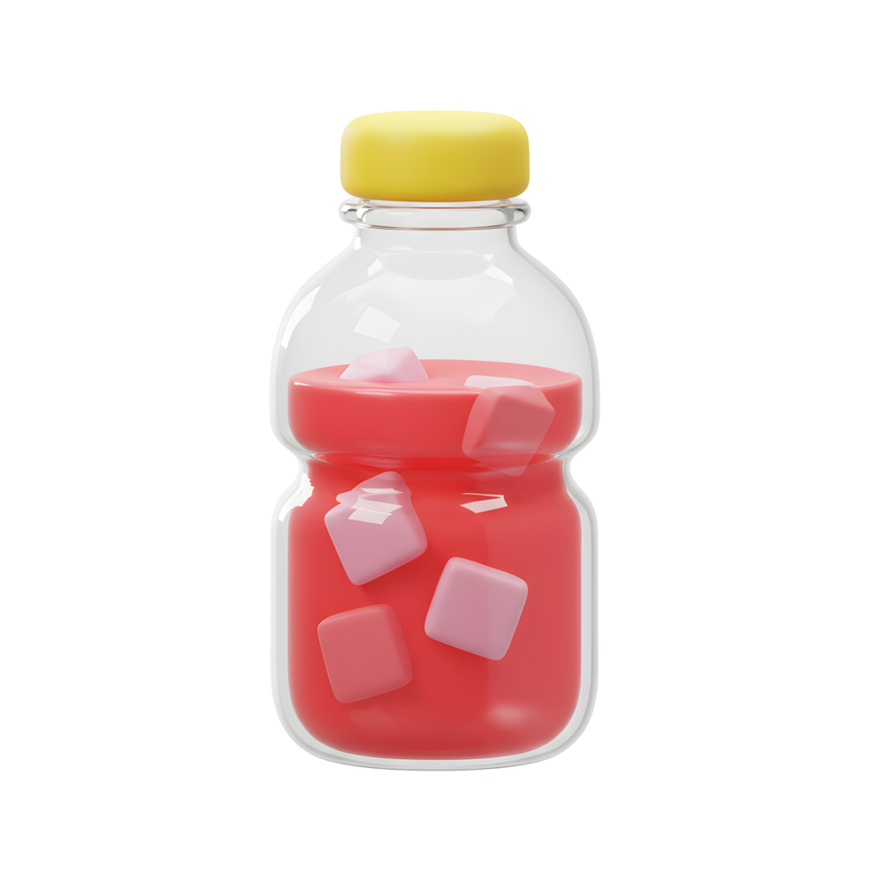 Refreshing Red Drink in Bottle with Ice Cubes on White png