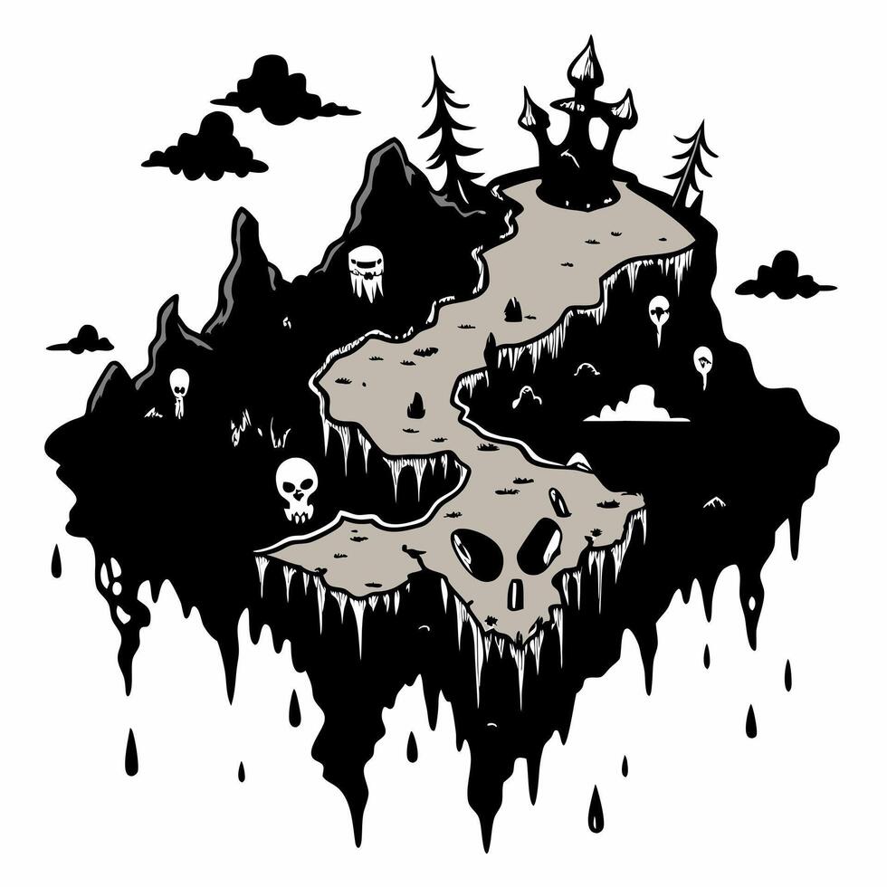 Spooky Floating Island with Haunted Castle and Skulls Illustration vector