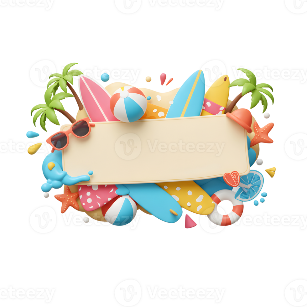 Summer beach elements arrangement with banner for promotion marketing png
