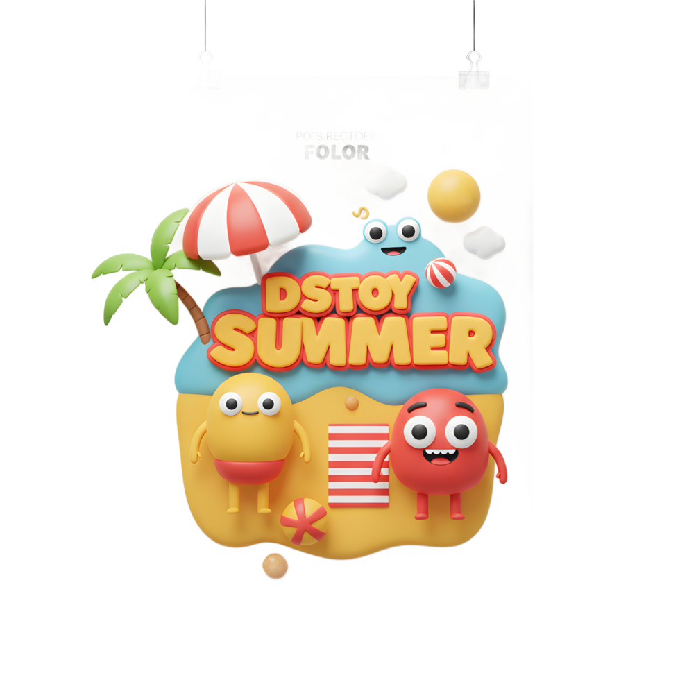 Cartoon Summer Vacation Poster with Characters and Beach Elements png