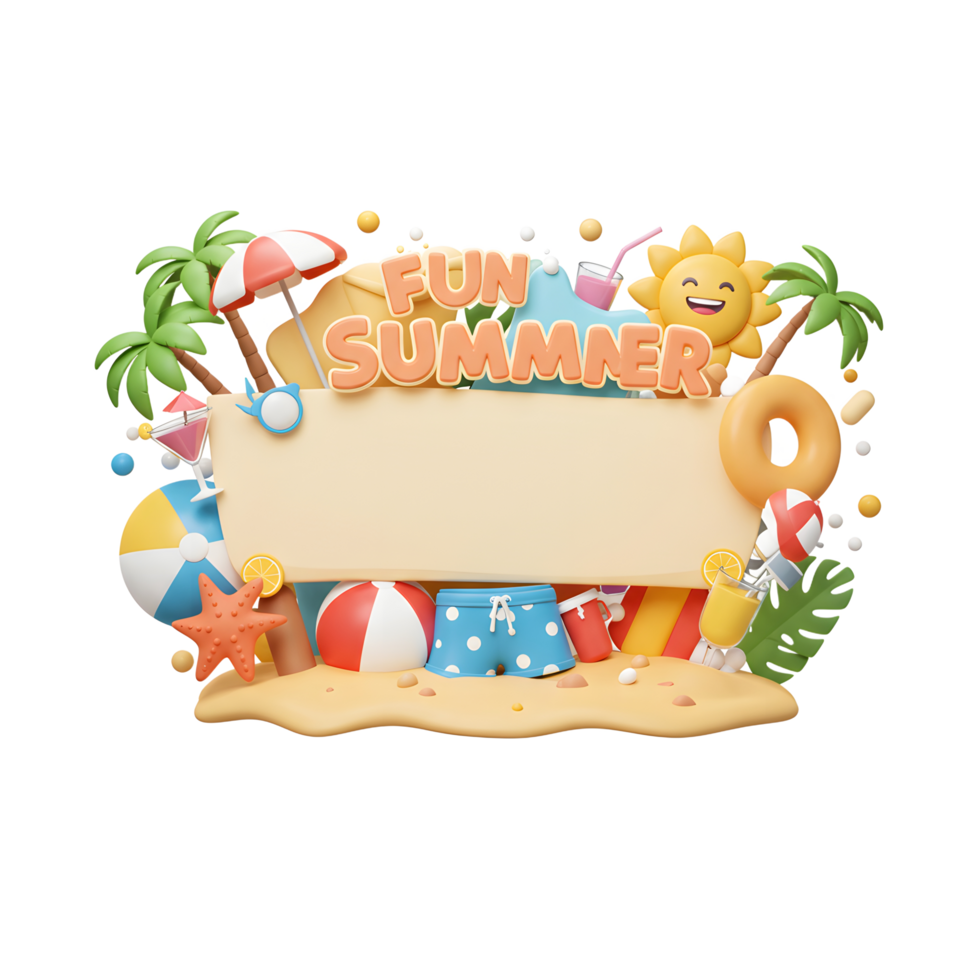 Summer beach fun background with blank banner and cute elements png