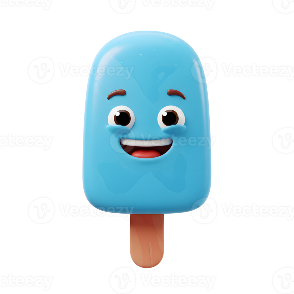 Smiling Blue Popsicle Cartoon Character on Stick Against White Background png