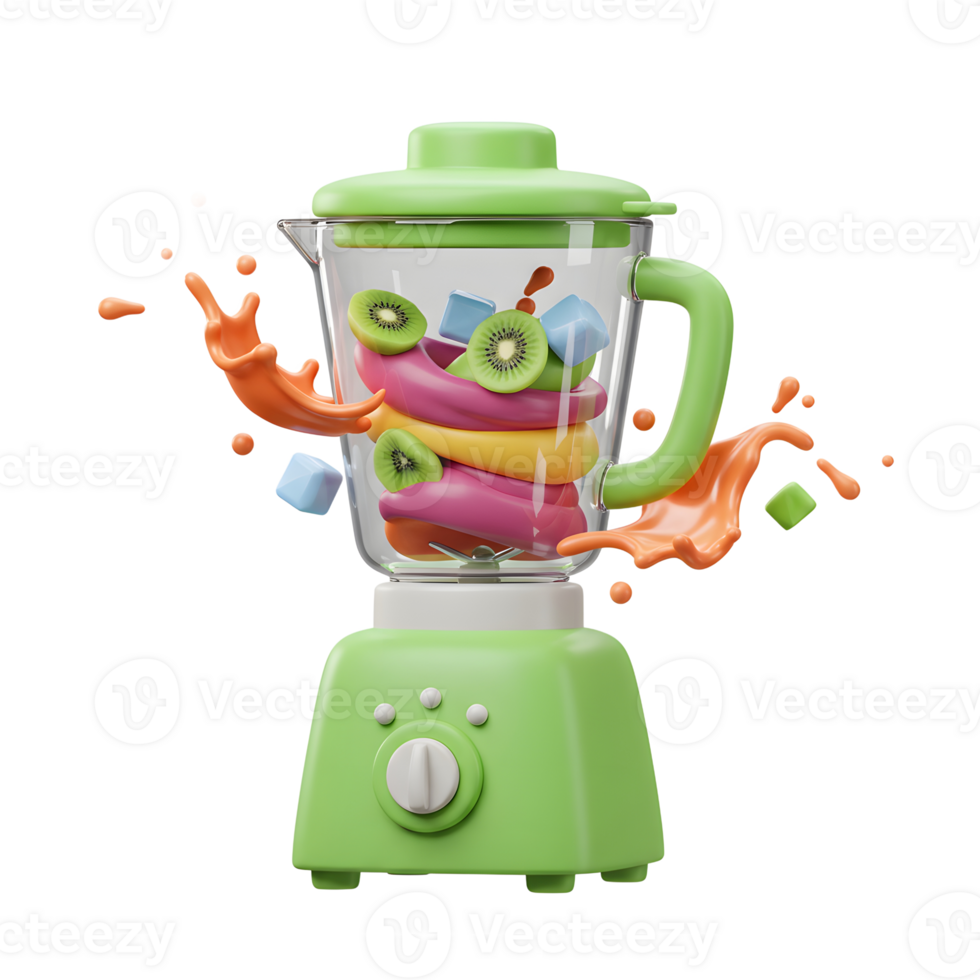 Blending Colorful Fruits and Ice Cubes in a Green Blender png