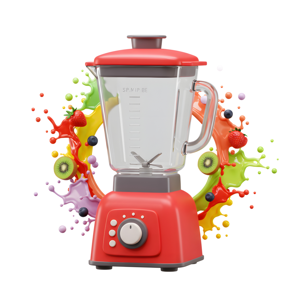 Red Blender with Fruits and Colorful Splashes for Smoothie Preparation png