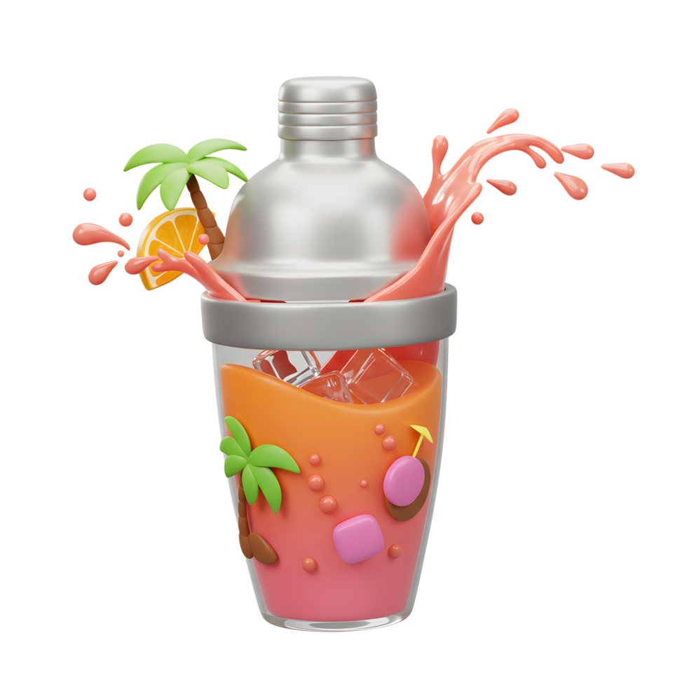 Refreshing summer cocktail splashing in a shaker with fruity decorations png