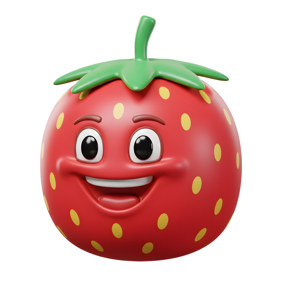Smiling Strawberry Character with Yellow Dots and Green Stem 3D Render png
