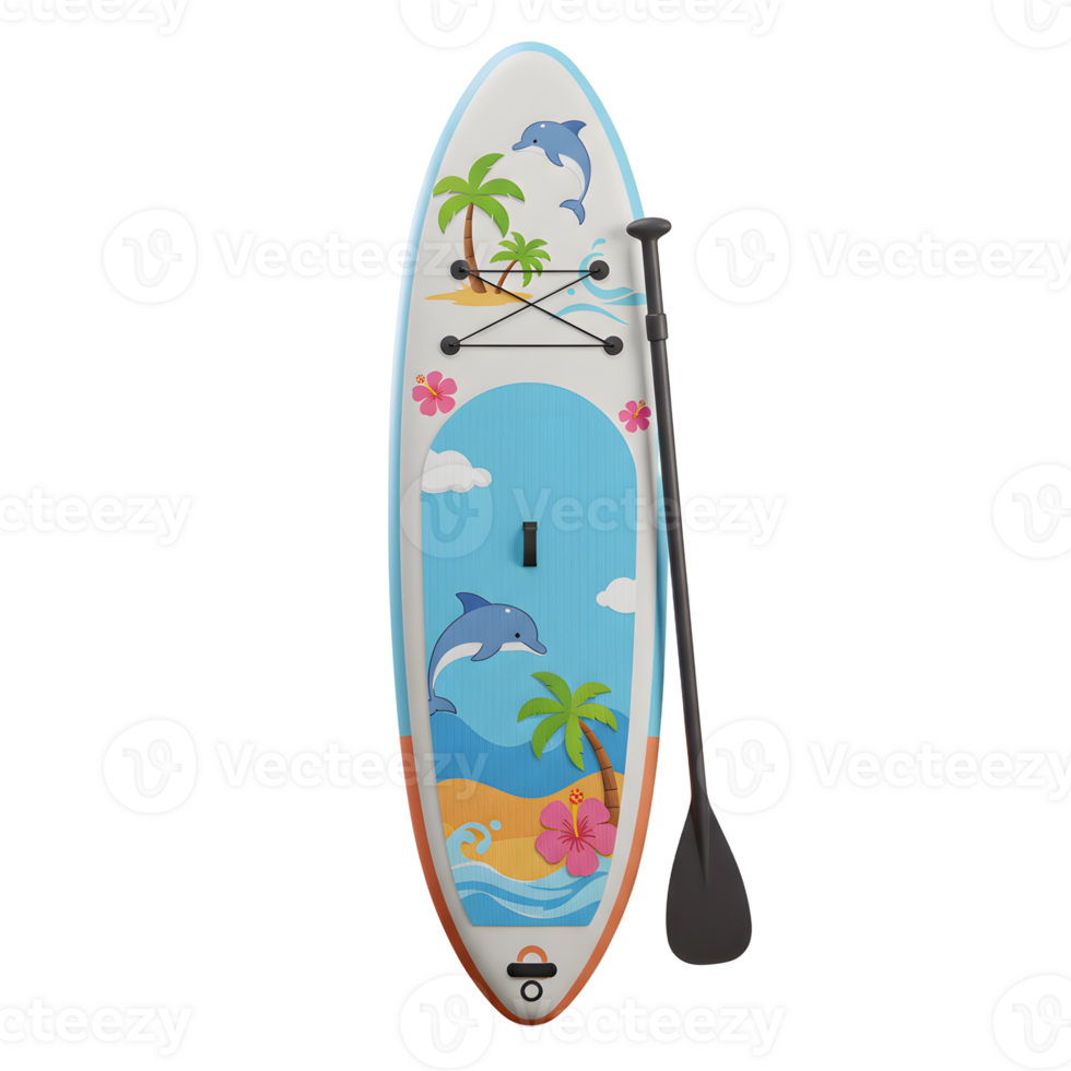 Paddle board with tropical design and paddle for water sport png