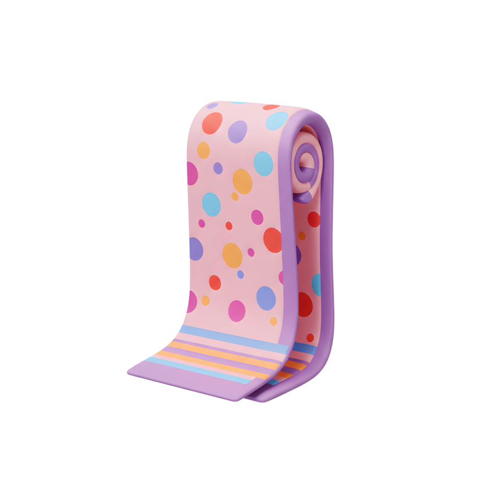 Rolled up patterned mat with colorful dots and stripes design png