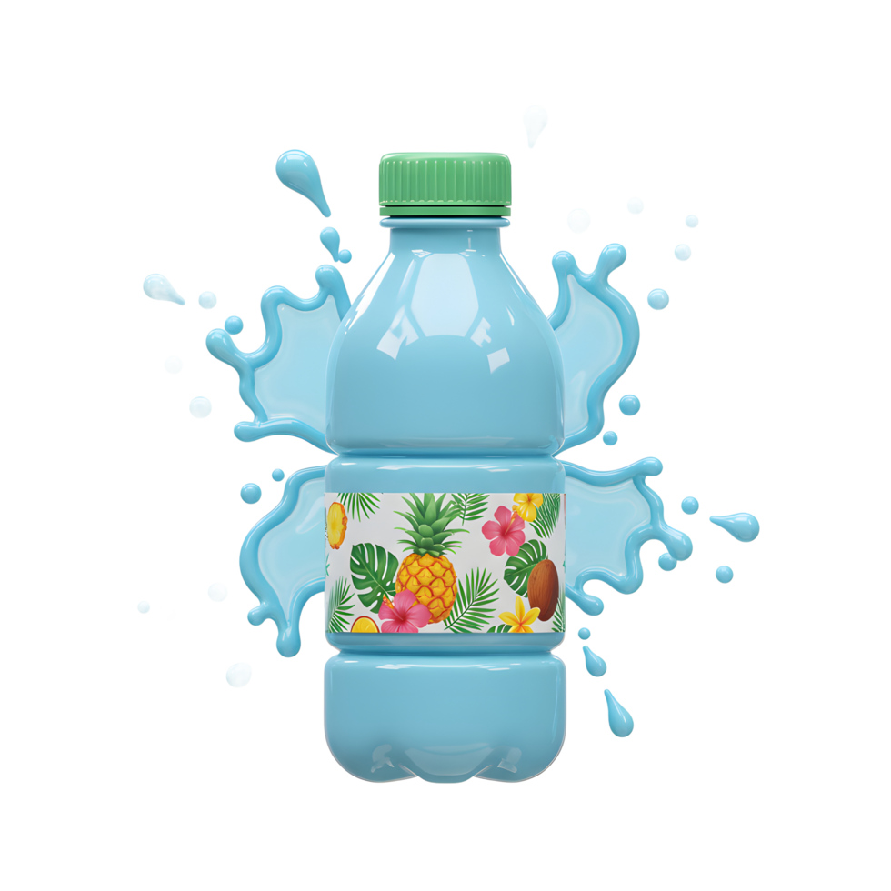 Water Bottle Splashing with Tropical Fruit Design for Refreshing Beverage png