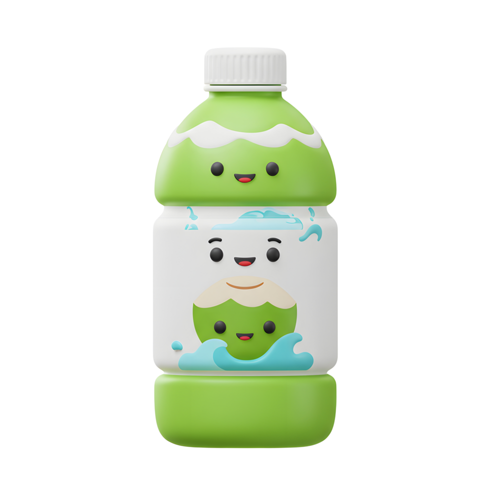 Coconut Water Bottle with Cute Smiling Characters Cartoon Illustration png