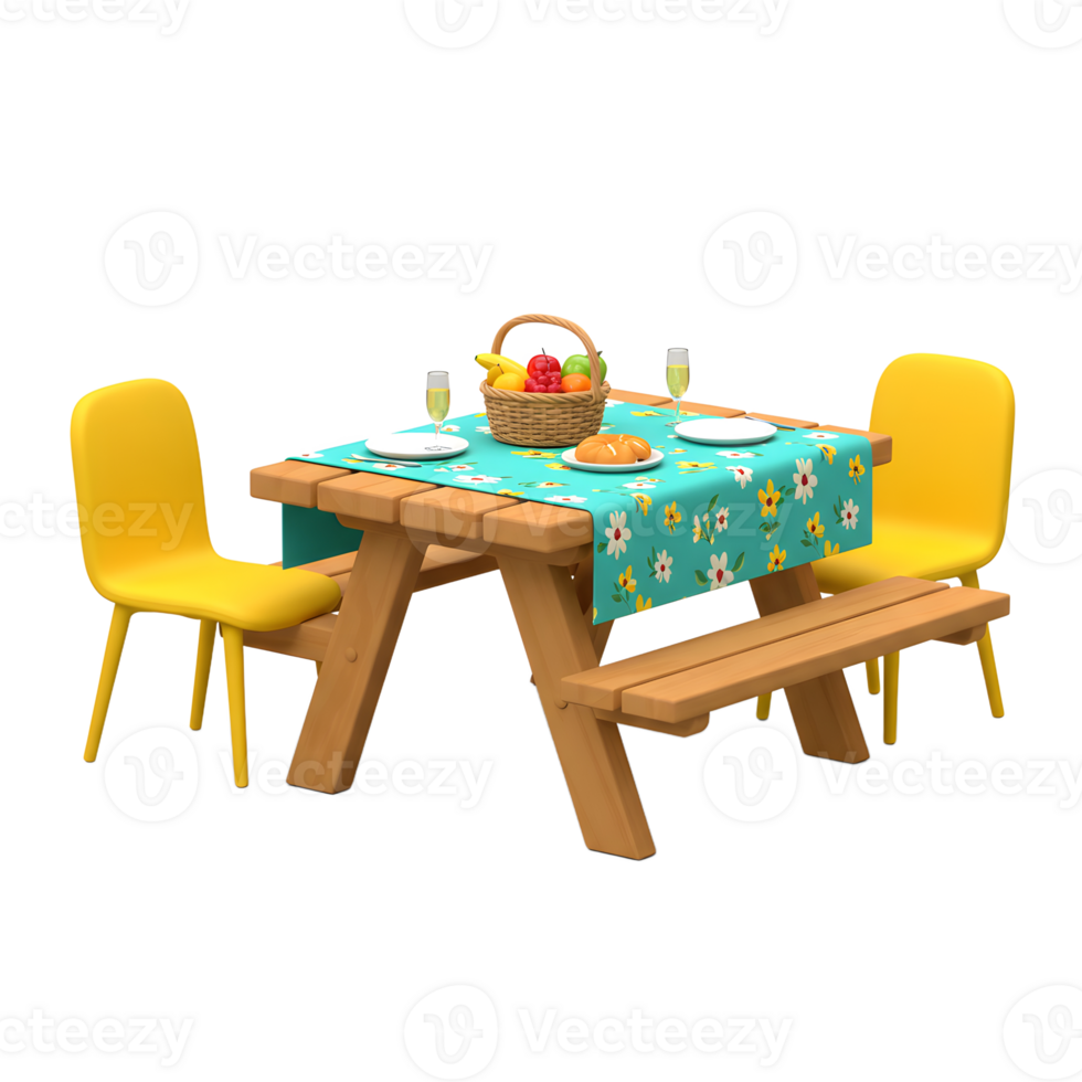 Picnic Table Setting with Fruit Basket and Yellow Chairs png