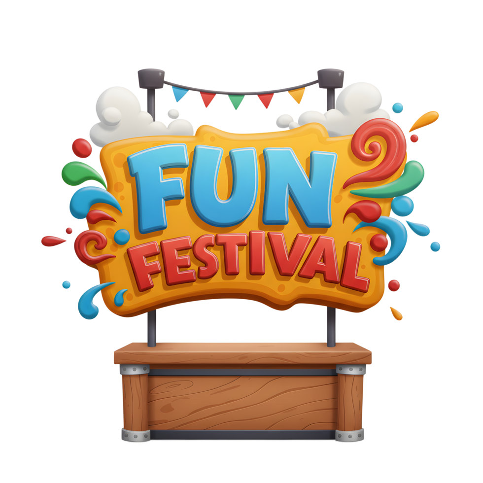 Fun Festival Banner with Colorful Decorations and Wooden Stand Design png