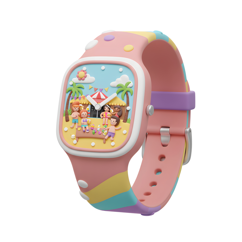 Cartoon Watch Displaying Beach Party Scene with Playful Design png