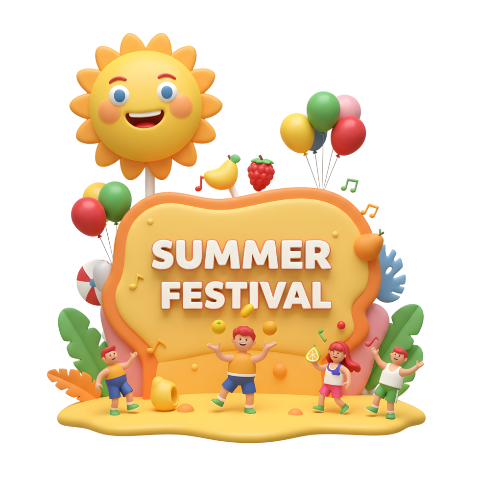 Celebrating Summer Festival with Animated Characters and Festive Decorations png