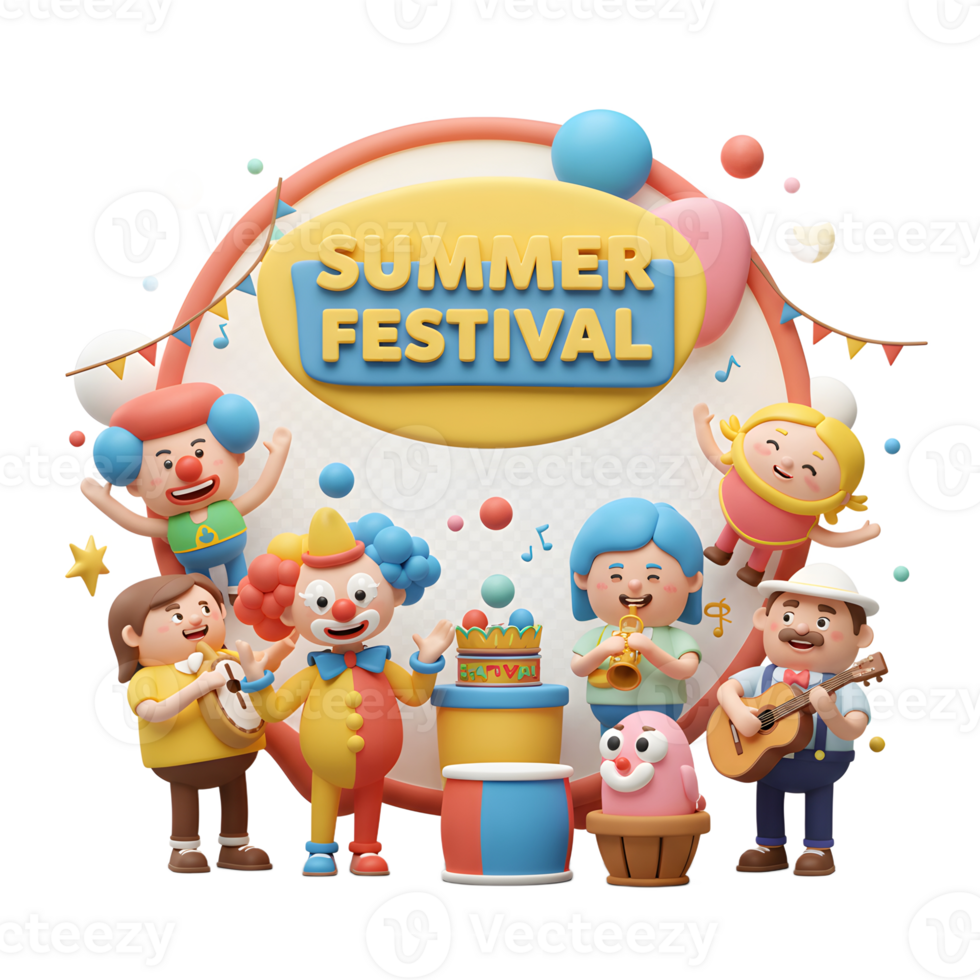 Playful Summer Festival with Clowns and Musical Instruments Illustration png