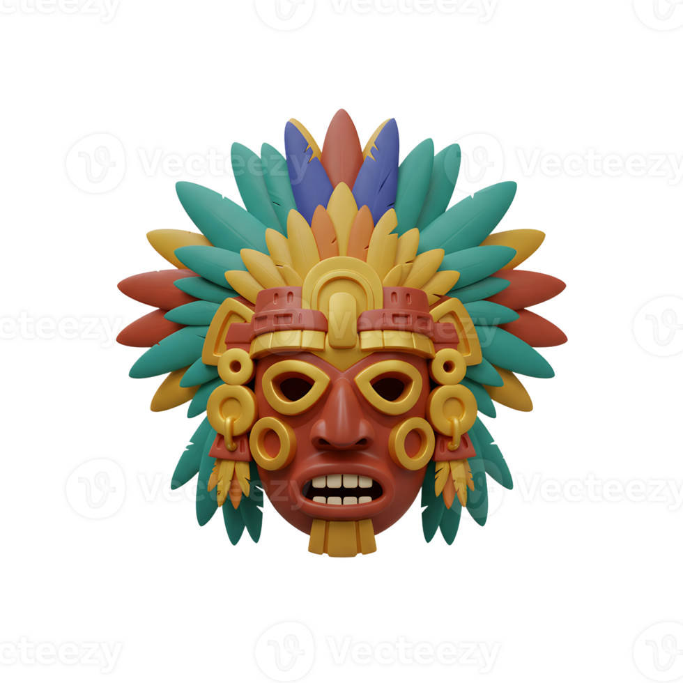 Stylized Ancient Mask with Feathers and Ornamental Details Illustration png