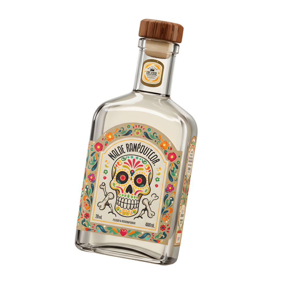 Glass Bottle with Decorative Skull Label on White Background Studio Shot png