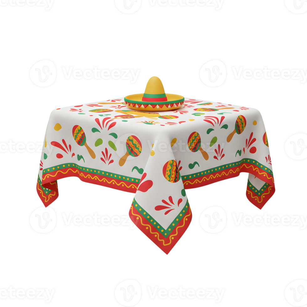 Festive Table Setting with Maracas and Sombrero on Patterned Tablecloth png