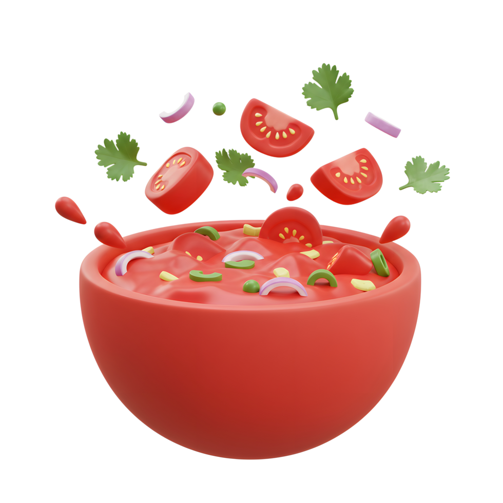 Tomato Salsa in Red Bowl with Toppings Falling Illustration png