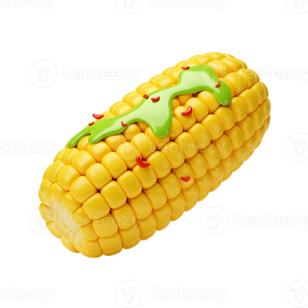 Corn on the Cob Topped with Green Sauce and Red Sprinkles png