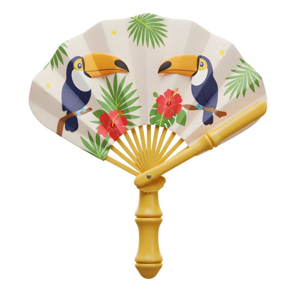 Tropical Hand Fan Featuring Toucans Hibiscus Flowers and Palm Leaves png