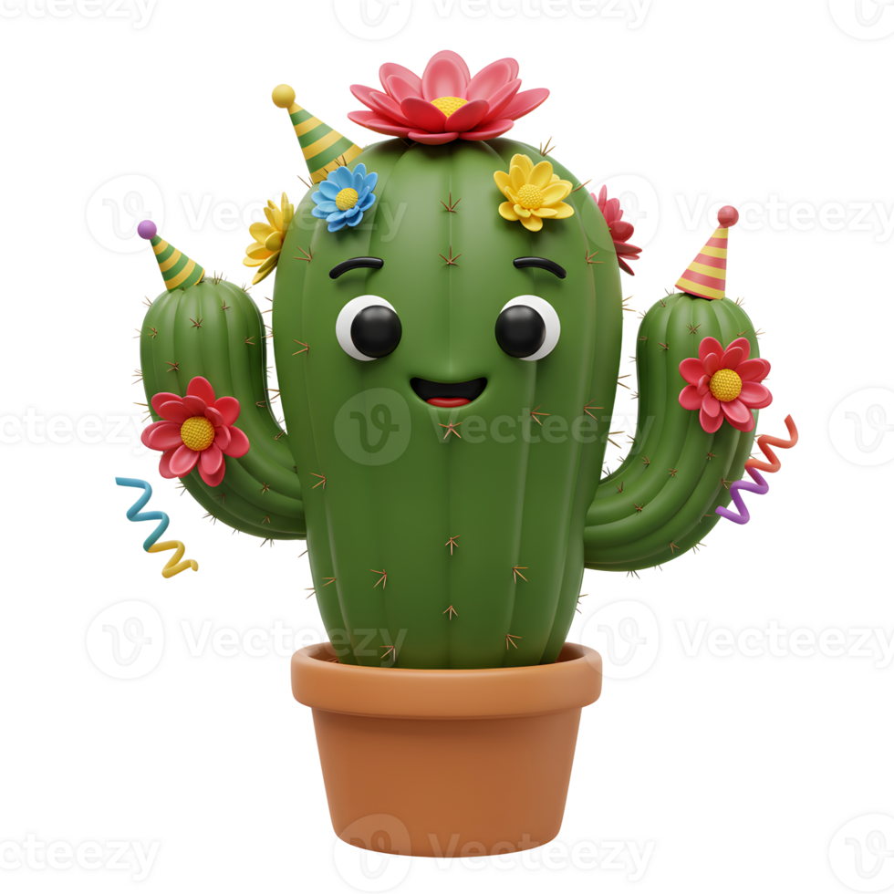 Cartoon Cactus Character Celebrating with Flowers and Party Hats in Pot png