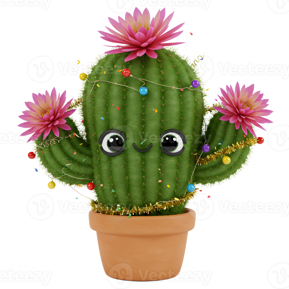 Cute Cactus Character with Flowers and Holiday Decorations in Pot png