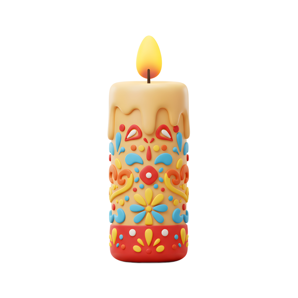 Burning candle with colorful pattern creates warm and festive ambiance png