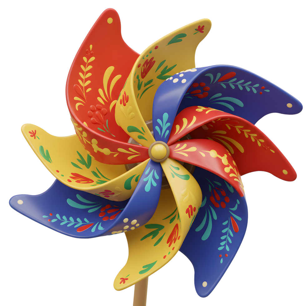 Colorful Pinwheel with Floral Design Rotating on a Wooden Stick png