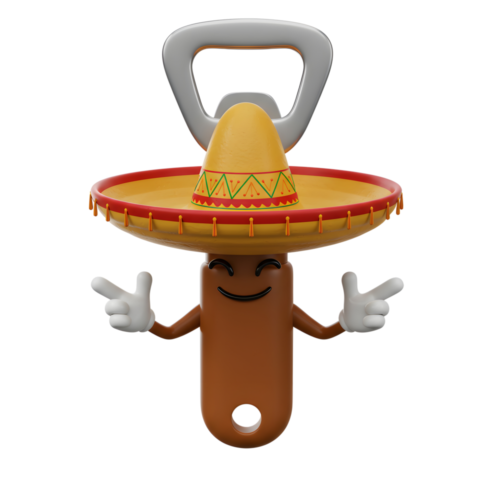 Whimsical Bottle Opener Character Wearing Sombrero and Pointing Fingers png