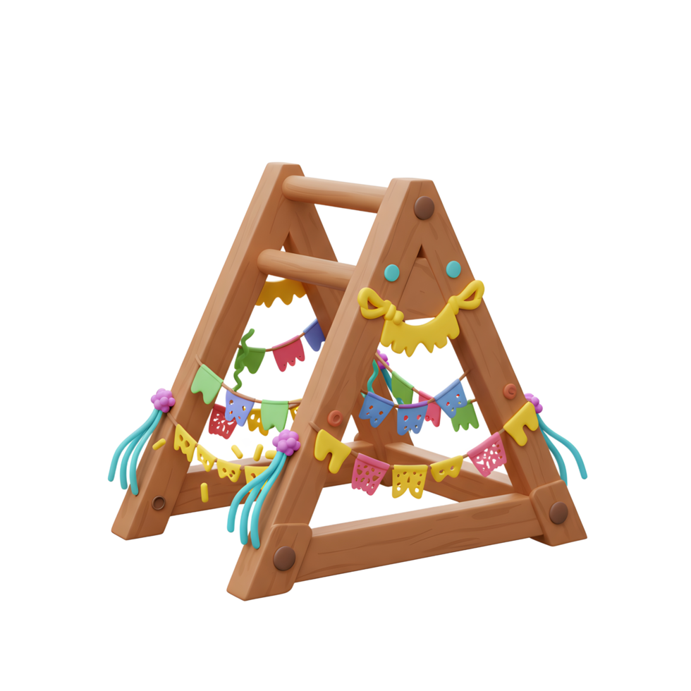 Wooden Ladder Structure Decorated with Colorful Celebration Banners Illustration png