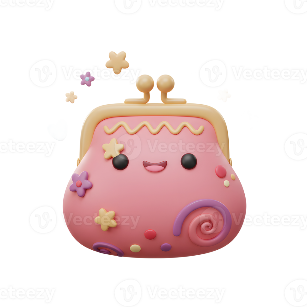 Adorable Pink Purse with Smiling Face and Cute Decorations Floating Around png