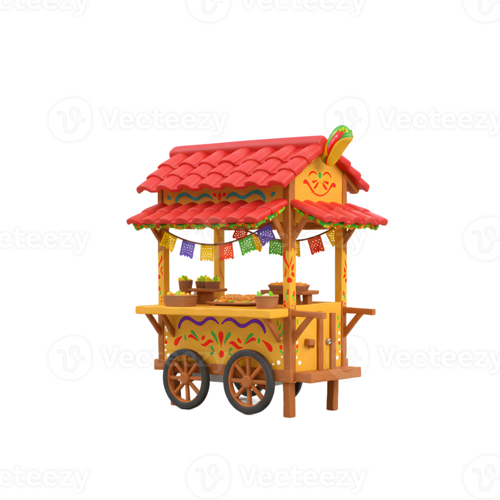 Colorful Food Cart with Festive Decorations and Roof on White png