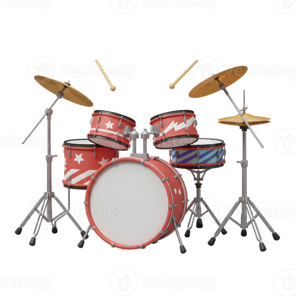 Stylized Drum Set with Red, White, and Blue Designs Isolated png