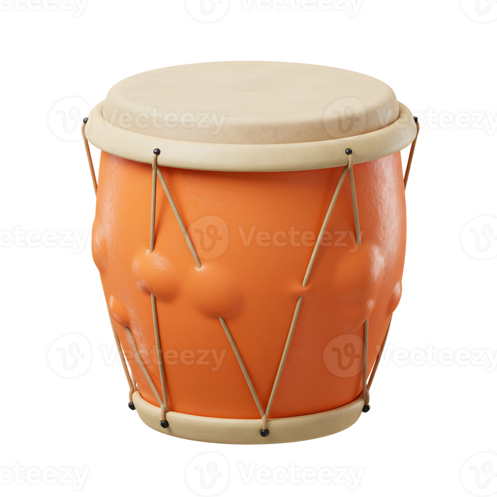 Isolated Orange Drum Musical Instrument with Beige Ropes on White png