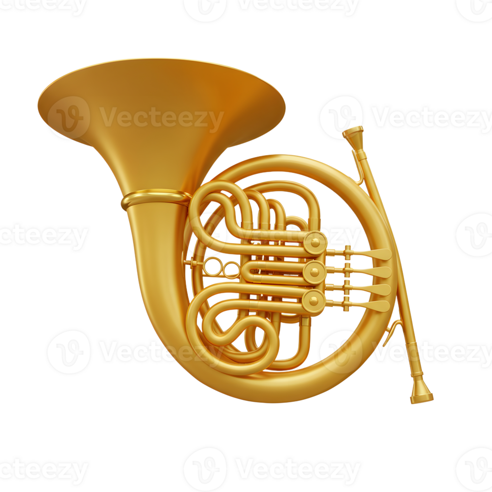 Golden French Horn Musical Instrument Close-Up Isolated on White Background png