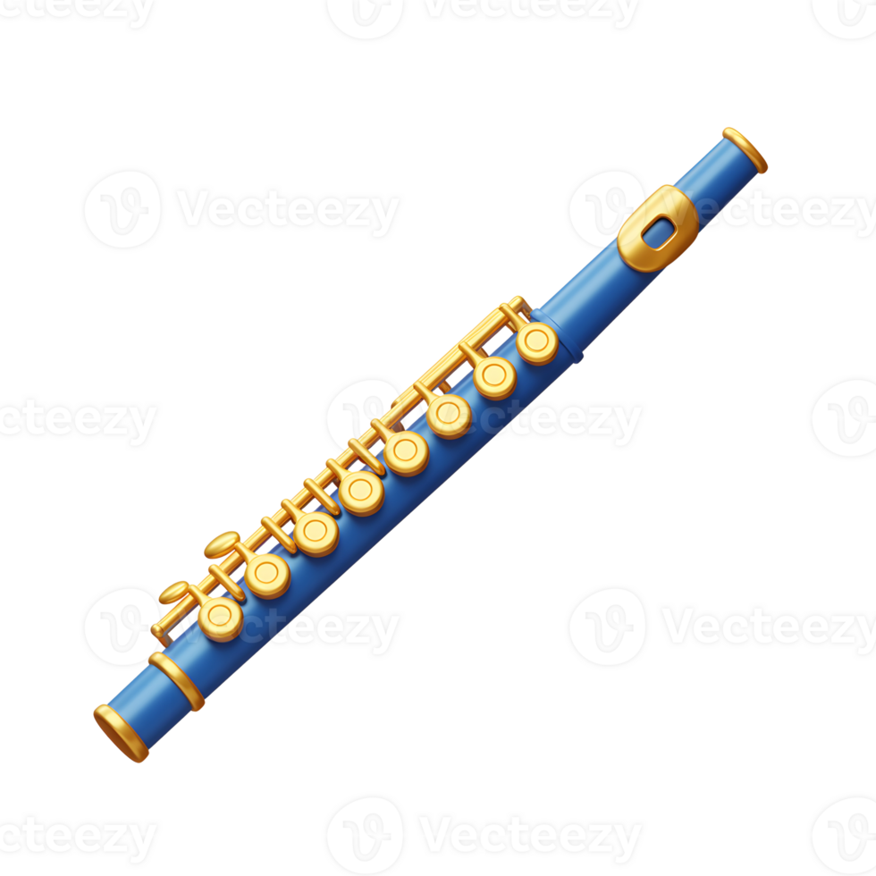 Blue Flute with Gold Keys Musical Instrument Illustration on White png