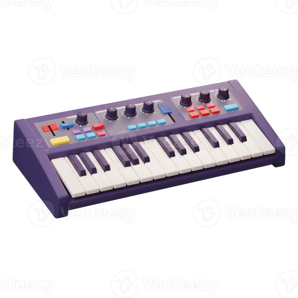 Synthesizer Keyboard Close-up with Colorful Buttons and Controls on White png