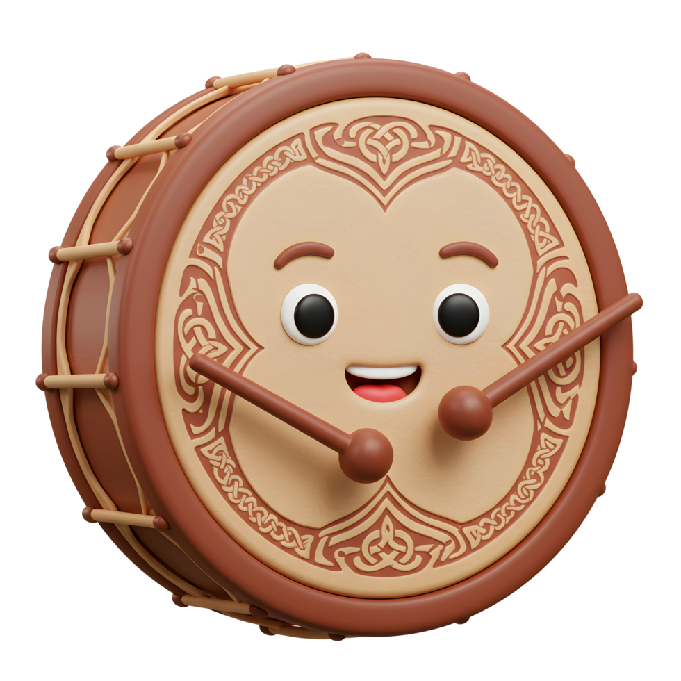 Cartoon Bodhran Drum with Smiling Face and Ornament Pattern png