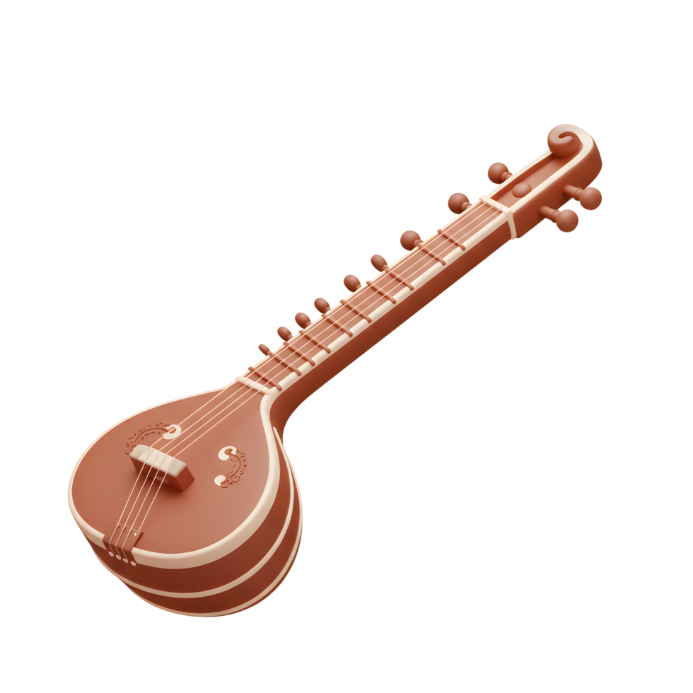 Indian Sitar Musical Instrument Rendered in Simple Style on White Background png