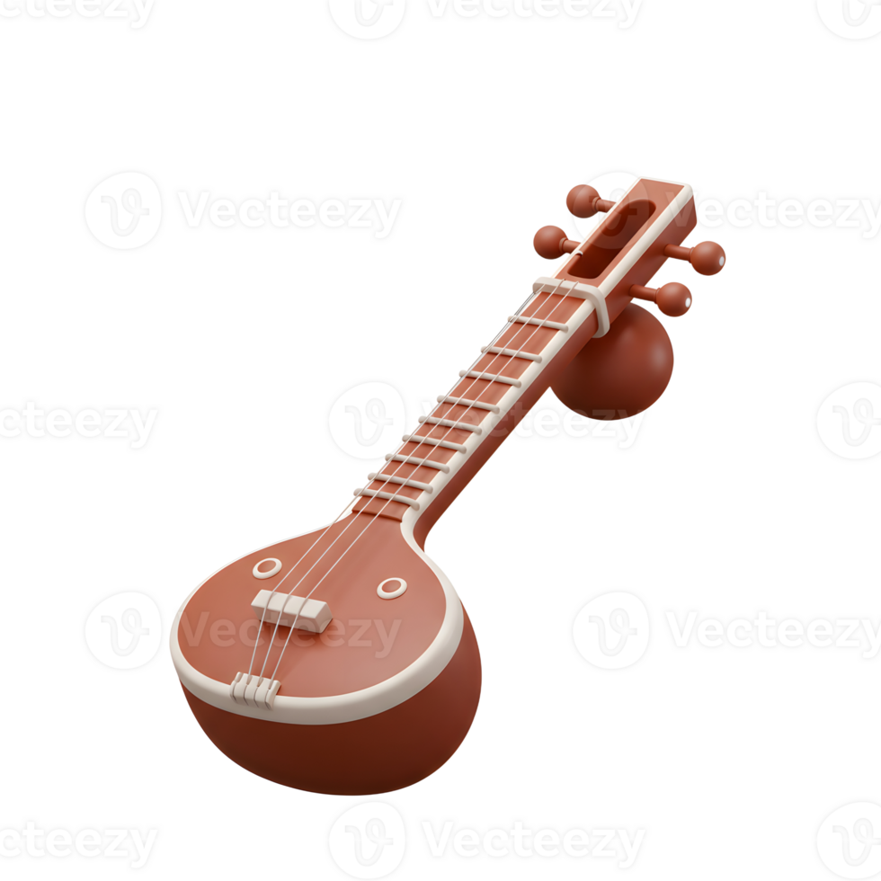 Isolated Sitar Musical Instrument with Strings and Brown Colors on White png