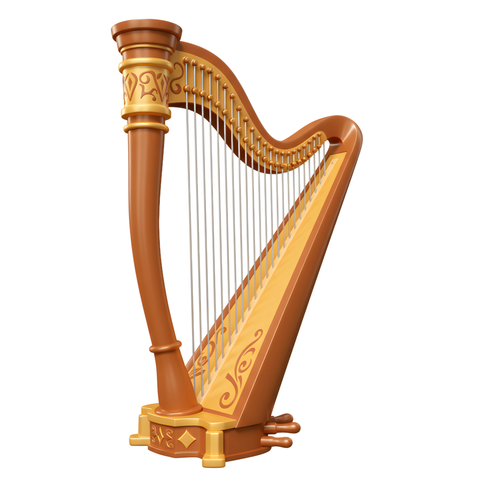 Standing Wooden Harp with Golden Accents and Delicate String Design png