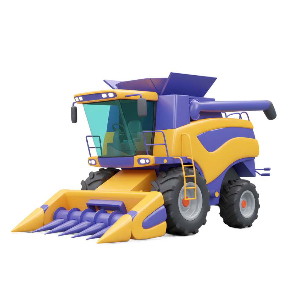 Stylized yellow and purple harvester machine with agricultural application isolated png