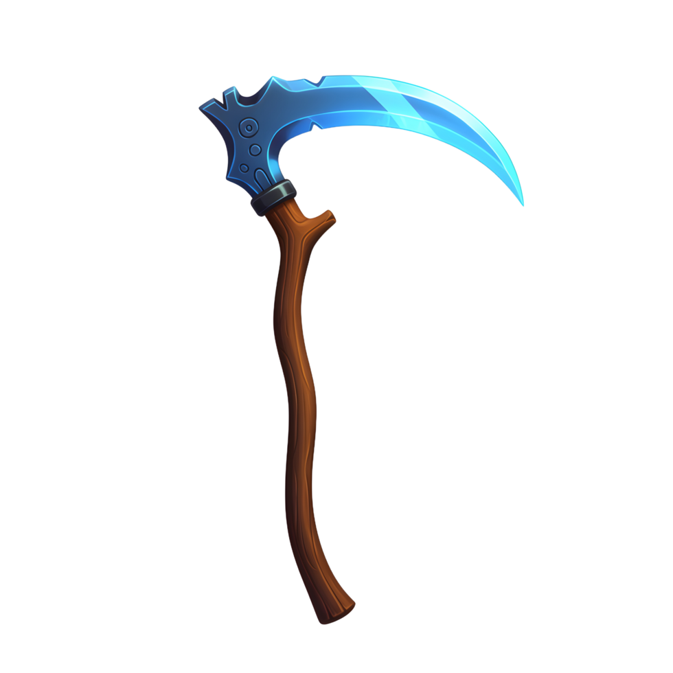 Isolated Cartoon Scythe Illustration with Blue Blade and Wooden Handle png