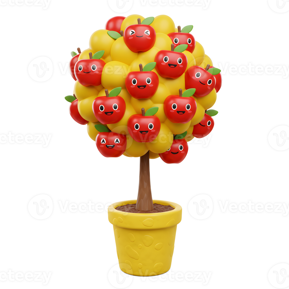 Cartoon Apple Tree in Pot with Smiling Fruit Characters Decor png