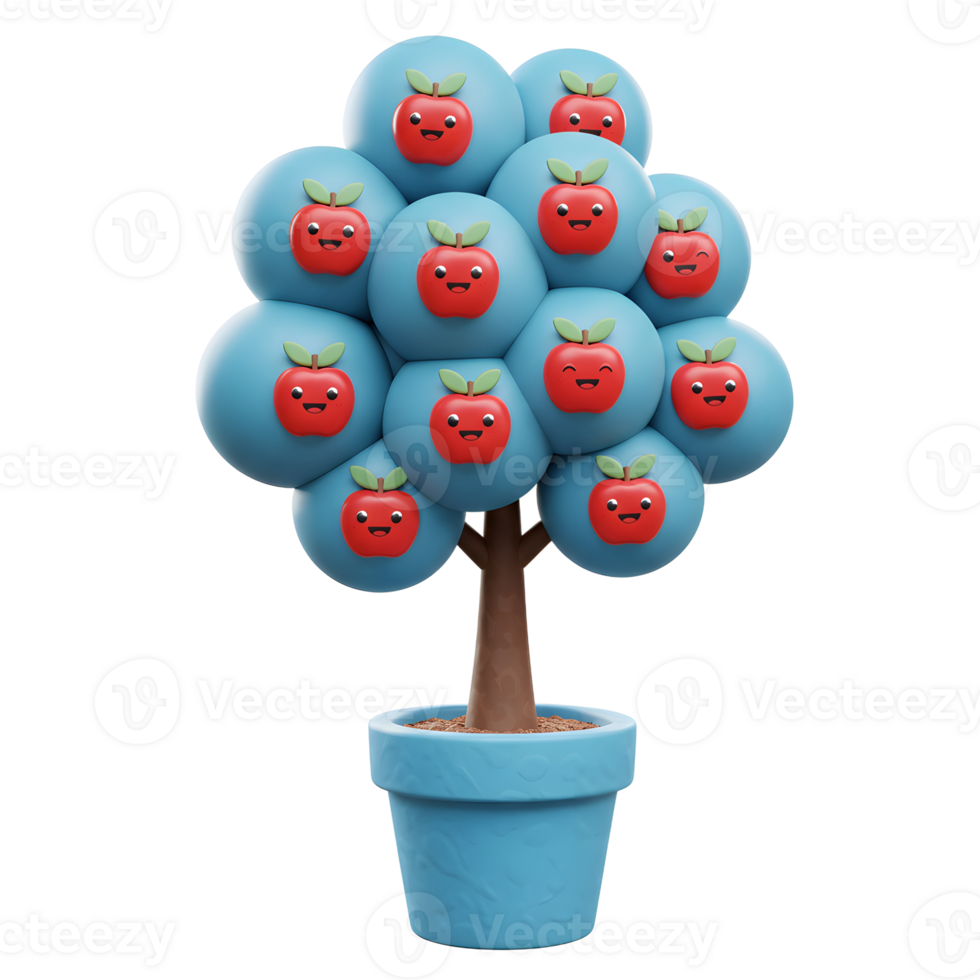 Stylized Apple Tree in Pot with Smiling Fruits Illustration png