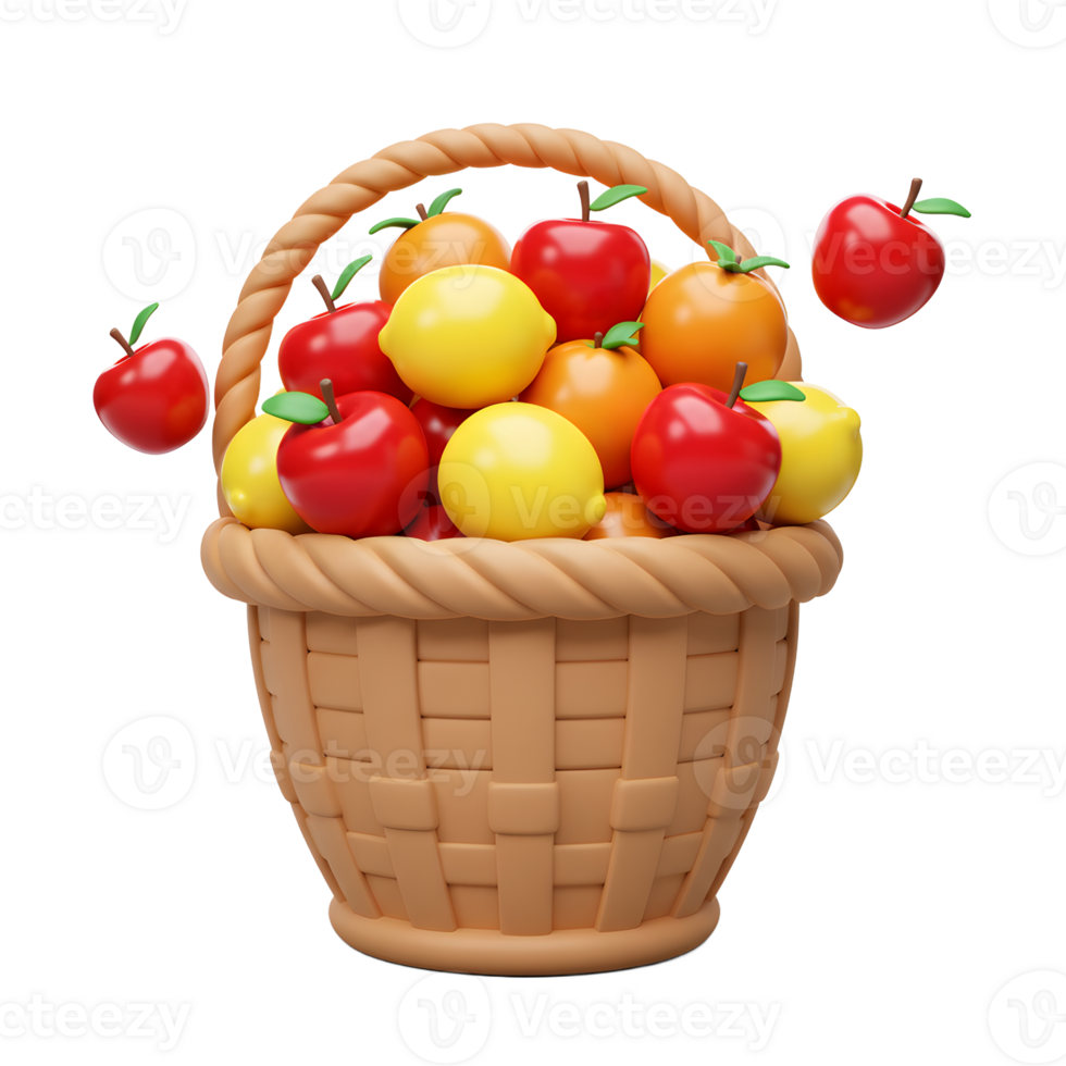 Basket full of ripe fruits apples oranges and lemons isolated png