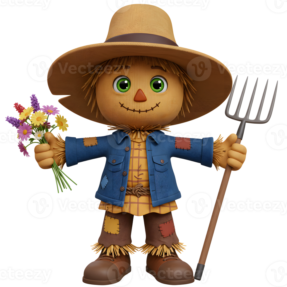 Smiling Scarecrow Holding Flowers and Pitchfork on Isolated Background png