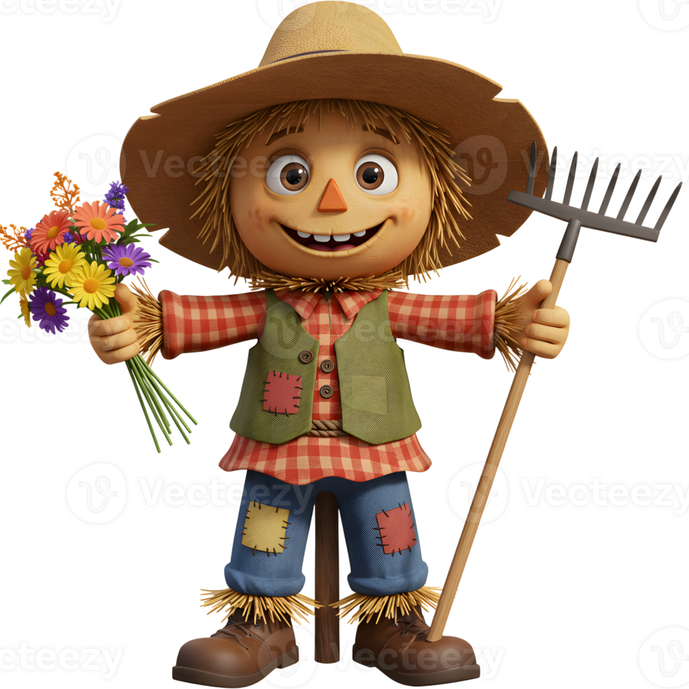 Cartoon Scarecrow Holding Flowers and Rake with a Friendly Smile png